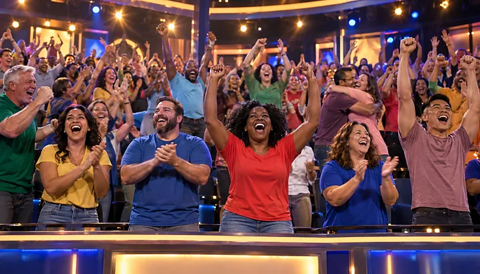 Illustration: a studio audience on its feet, cheering and waving under bright game show lights
