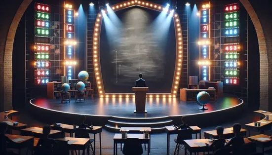 Classroom setting with game show elements representing Are You Smarter Than a 5th Grader