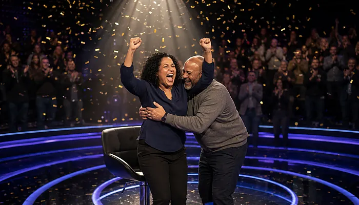 Illustration: a fictional celebrity and partner celebrate a million-dollar win on a quiz show stage under falling confetti
