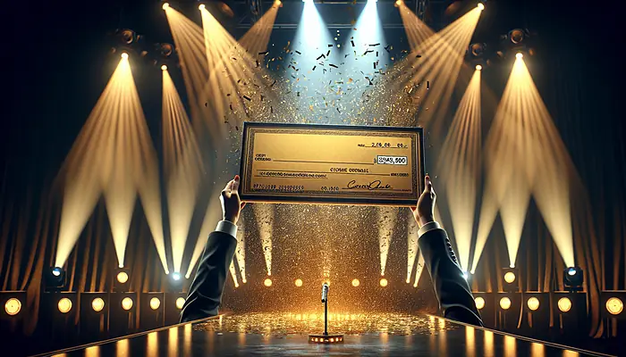 Contestant celebrating after winning a large prize on a game show