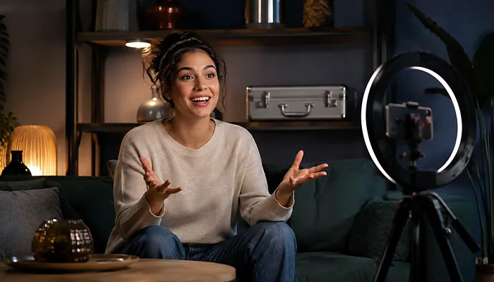 Illustration: an applicant recording an audition video at home with a phone on a tripod and a ring light