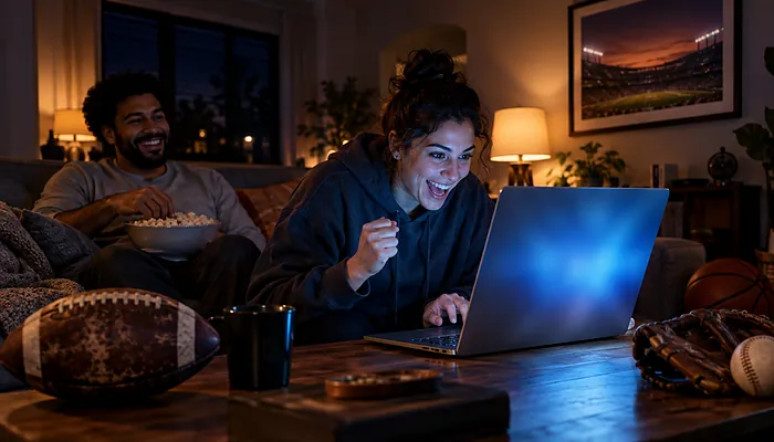 Illustration: a sports fan in a hooded sweatshirt cheers while answering an online quiz on a laptop at night, as a friend with popcorn watches from the couch