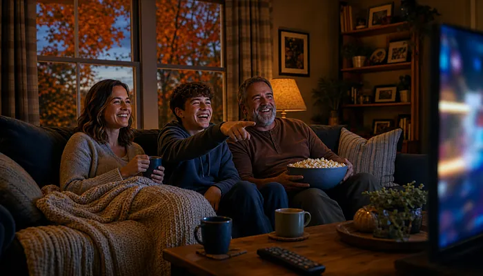 Illustration: a family watching television together on an autumn evening