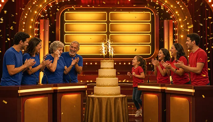 Illustration: two fictional families celebrate around an anniversary cake on a game show stage