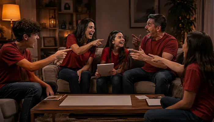 Illustration: a family in matching red shirts practicing survey answers together in their living room