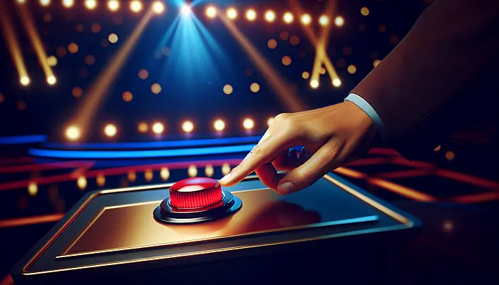 Contestant thinking strategically at a game show podium