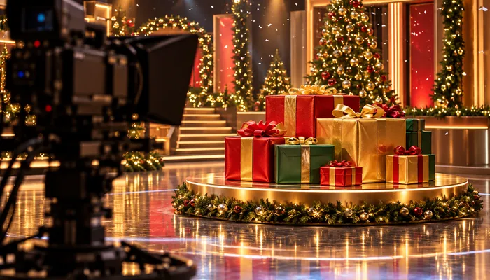 Illustration: an empty game show stage decked with garlands and fairy lights, wrapped gifts on a lit turntable and confetti falling like snow