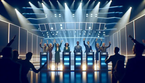 Family team celebrating on the Family Feud stage with Steve Harvey