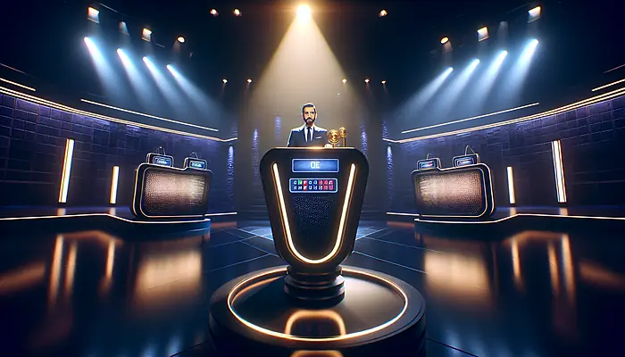 Contestant at the Jeopardy! podium with Ken Jennings