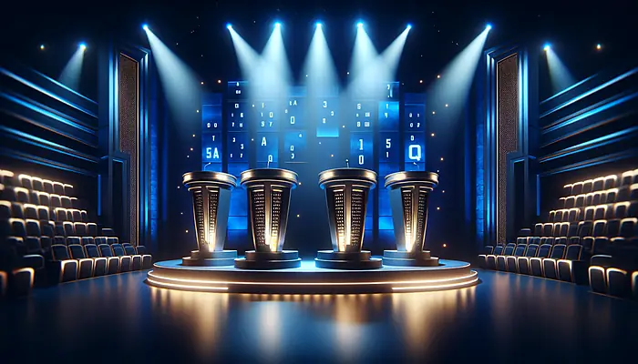 Three Jeopardy! champions standing at their podiums