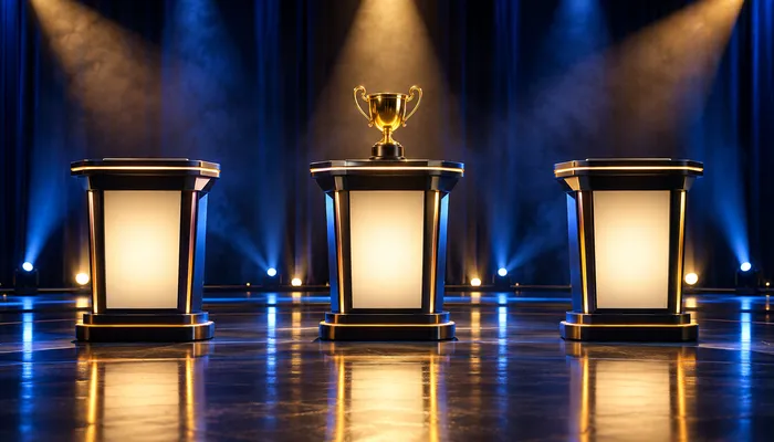 Illustration: three empty quiz show lecterns in blue light, a small gold trophy on the middle one under a spotlight