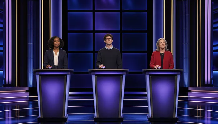 Illustration: three fictional contestants at quiz show lecterns as the stage lights come up