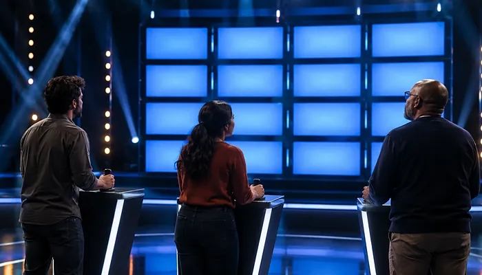 Illustration: three fictional quiz players seen from behind at their lecterns, facing a wall of glowing blue screens