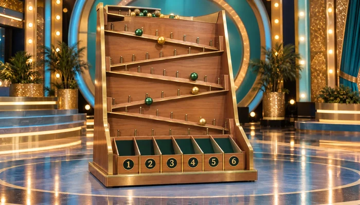 Illustration: green and gold balls rolling down a tiered wooden ramp course toward six numbered bins on a brightly lit game show stage. Our own artwork, not the show's set.
