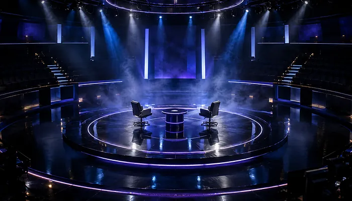 Illustration: an empty quiz show studio with two chairs facing each other in rings of blue light