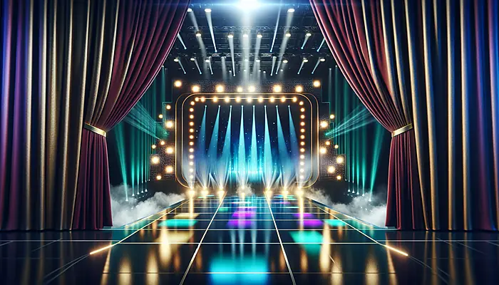 Colorful game show set with modern graphics and lighting