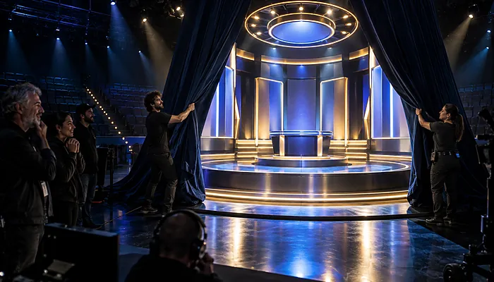 Illustration: stagehands pull back a velvet drape to reveal a brand-new game show set as a small crew looks on
