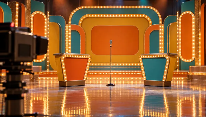 Illustration: an empty 1970s-style game show stage with bulb-lined podiums, a vintage microphone and orange, mustard and teal panels