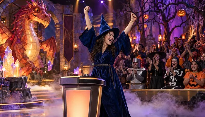 Illustration: a fictional contestant in a wizard costume celebrates on a game show stage dressed for Halloween, with a dragon on one side, a haunted forest on the other and a costumed audience cheering