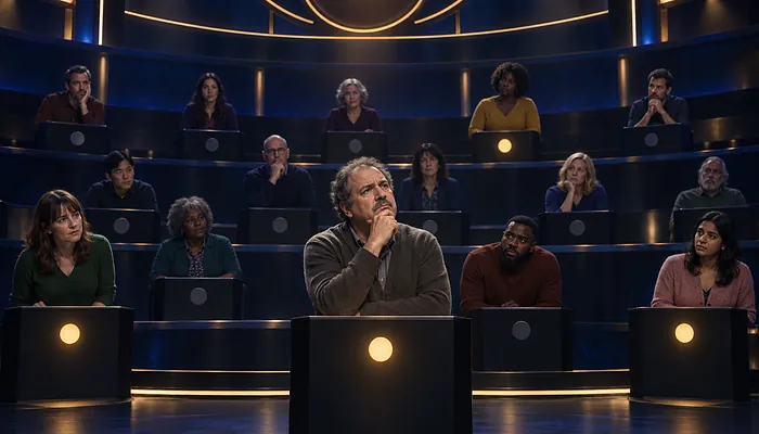 Illustration: a contestant thinking hard at his podium in a tiered quiz studio where most of the players’ lights have gone out