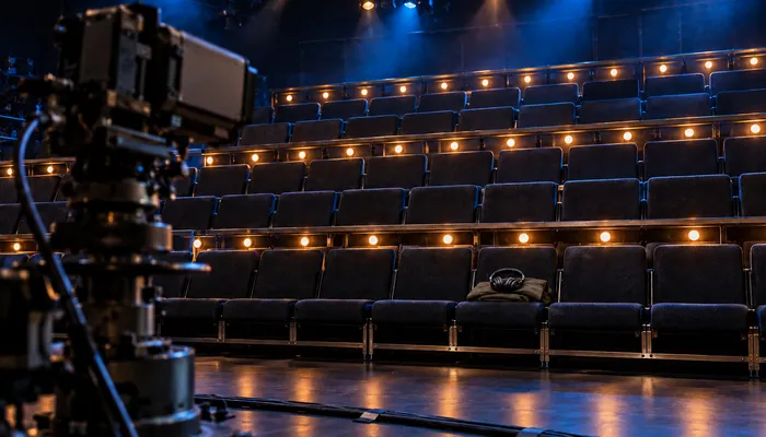 Illustration: empty tiered audience seats in a television studio before the doors open, amber lights along the rows, a studio camera in the foreground and a coat and headphones left on one seat