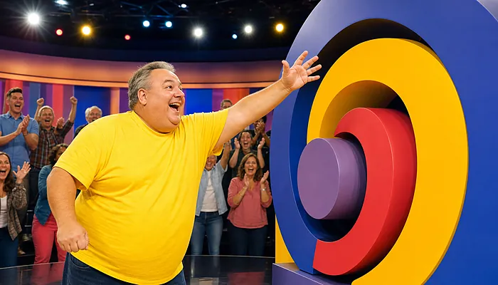 Illustration: a fictional contestant spins a giant prize wheel in front of a cheering studio audience