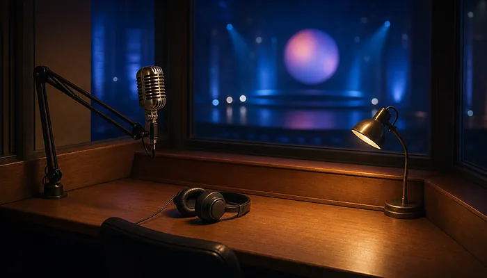 Illustration: an empty announcer's booth with a microphone and headphones overlooking a darkened game show stage