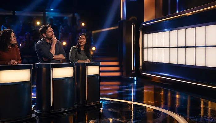 Illustration: a fictional contestant studies a board of glowing blank puzzle tiles while two other players watch