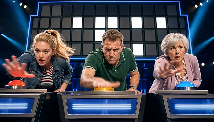 Illustration: three fictional contestants race to hit their buzzers in front of a blank puzzle board