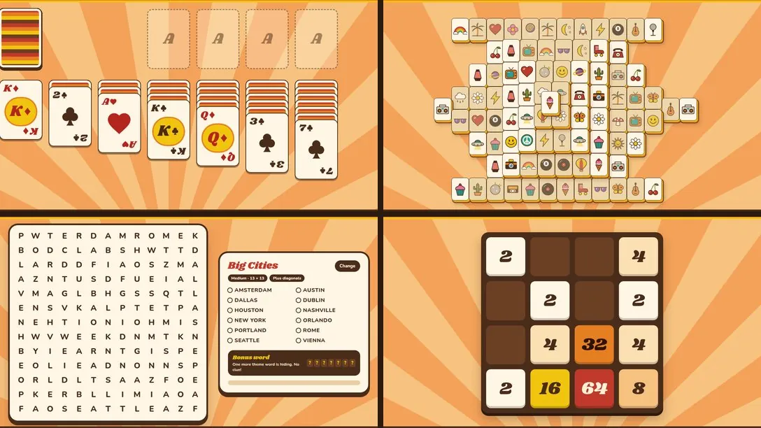 Four of our games: Klondike solitaire, mahjong solitaire, a word search and 2048